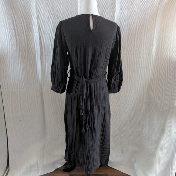 Zara Black Cotton Gauze Midi Dress with Slits and Back Tie Size Small Minimalist - Picture 2 of 12